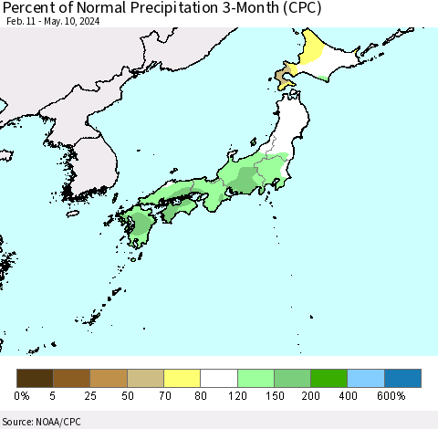 Japan Percent of Normal Precipitation 3-Month (CPC) Thematic Map For 2/11/2024 - 5/10/2024