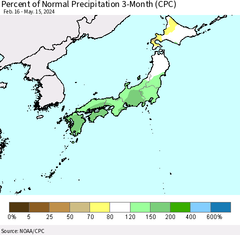Japan Percent of Normal Precipitation 3-Month (CPC) Thematic Map For 2/16/2024 - 5/15/2024