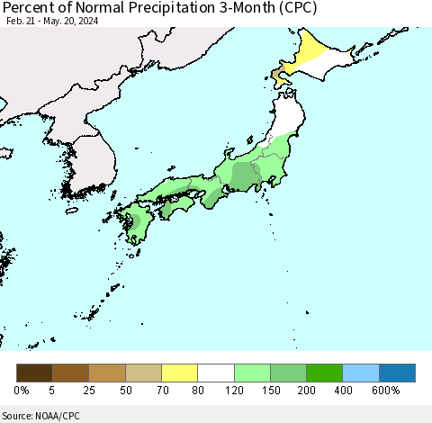 Japan Percent of Normal Precipitation 3-Month (CPC) Thematic Map For 2/21/2024 - 5/20/2024