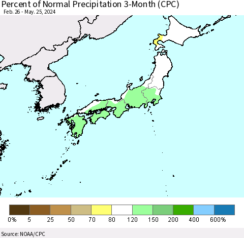 Japan Percent of Normal Precipitation 3-Month (CPC) Thematic Map For 2/26/2024 - 5/25/2024