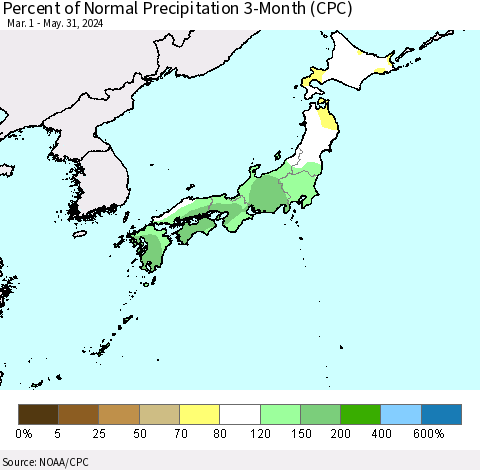 Japan Percent of Normal Precipitation 3-Month (CPC) Thematic Map For 3/1/2024 - 5/31/2024