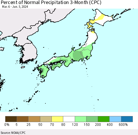 Japan Percent of Normal Precipitation 3-Month (CPC) Thematic Map For 3/6/2024 - 6/5/2024