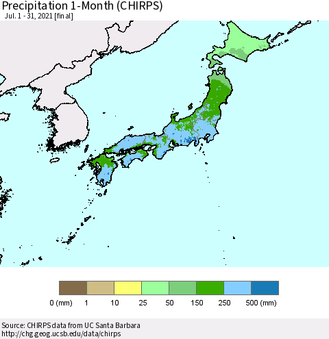 Japan Precipitation 1-Month (CHIRPS) Thematic Map For 7/1/2021 - 7/31/2021