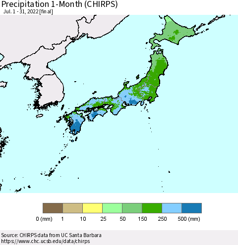 Japan Precipitation 1-Month (CHIRPS) Thematic Map For 7/1/2022 - 7/31/2022