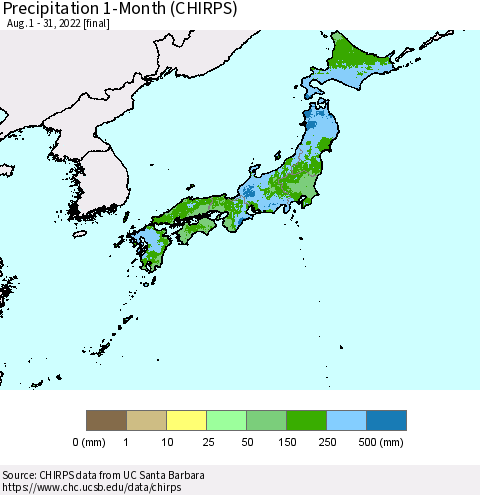 Japan Precipitation 1-Month (CHIRPS) Thematic Map For 8/1/2022 - 8/31/2022
