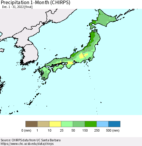 Japan Precipitation 1-Month (CHIRPS) Thematic Map For 12/1/2022 - 12/31/2022