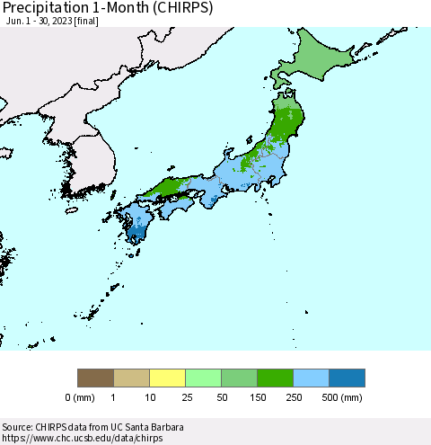 Japan Precipitation 1-Month (CHIRPS) Thematic Map For 6/1/2023 - 6/30/2023