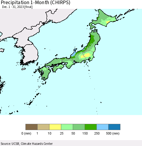 Japan Precipitation 1-Month (CHIRPS) Thematic Map For 12/1/2023 - 12/31/2023