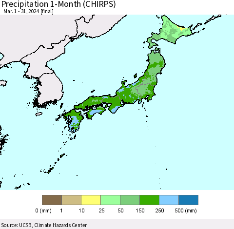 Japan Precipitation 1-Month (CHIRPS) Thematic Map For 3/1/2024 - 3/31/2024