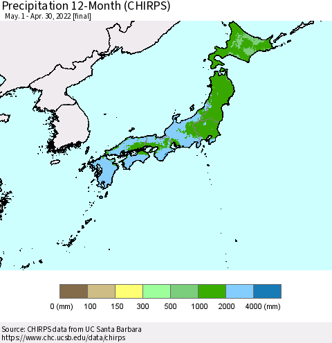 Japan Precipitation 12-Month (CHIRPS) Thematic Map For 5/1/2021 - 4/30/2022