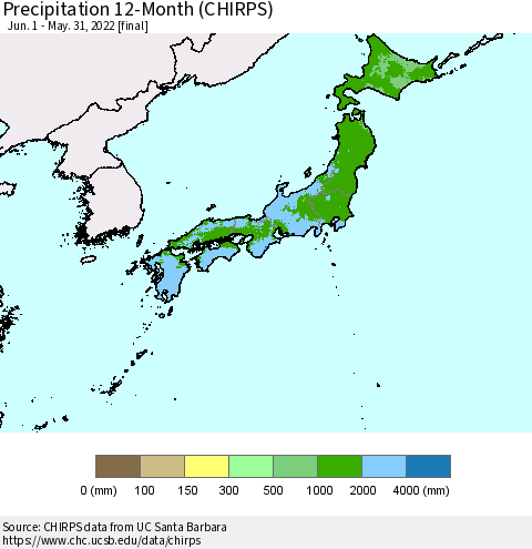 Japan Precipitation 12-Month (CHIRPS) Thematic Map For 6/1/2021 - 5/31/2022
