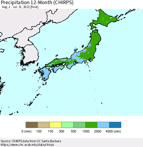 Japan Precipitation 12-Month (CHIRPS) Thematic Map For 8/1/2021 - 7/31/2022