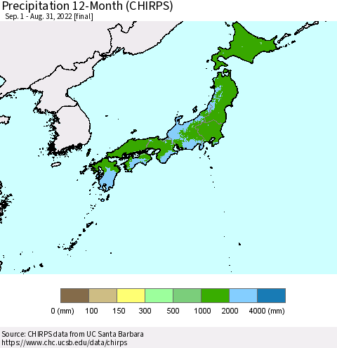 Japan Precipitation 12-Month (CHIRPS) Thematic Map For 9/1/2021 - 8/31/2022