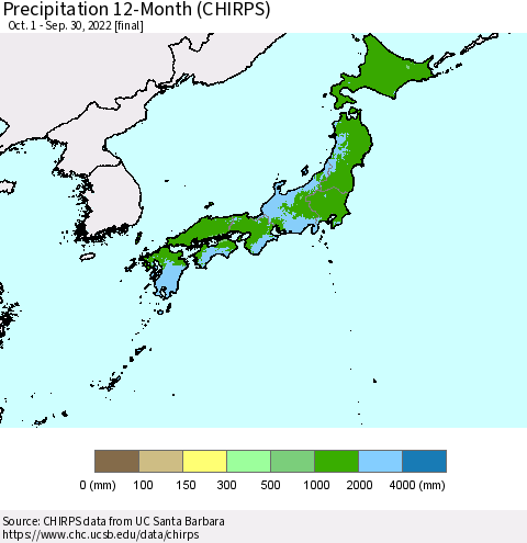 Japan Precipitation 12-Month (CHIRPS) Thematic Map For 10/1/2021 - 9/30/2022