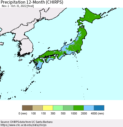 Japan Precipitation 12-Month (CHIRPS) Thematic Map For 11/1/2021 - 10/31/2022