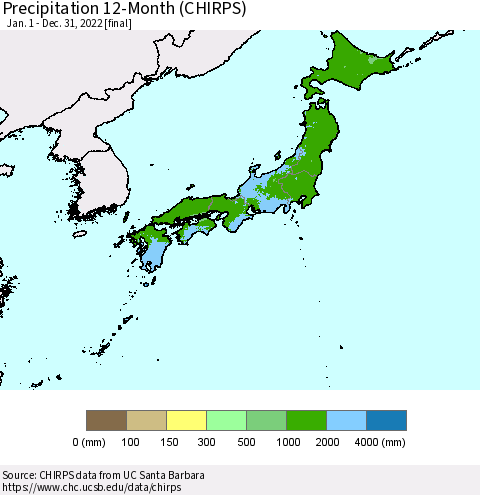 Japan Precipitation 12-Month (CHIRPS) Thematic Map For 1/1/2022 - 12/31/2022
