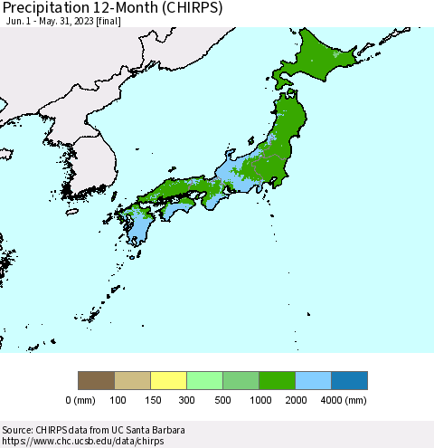 Japan Precipitation 12-Month (CHIRPS) Thematic Map For 6/1/2022 - 5/31/2023