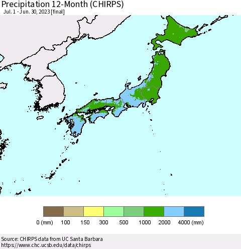 Japan Precipitation 12-Month (CHIRPS) Thematic Map For 7/1/2022 - 6/30/2023