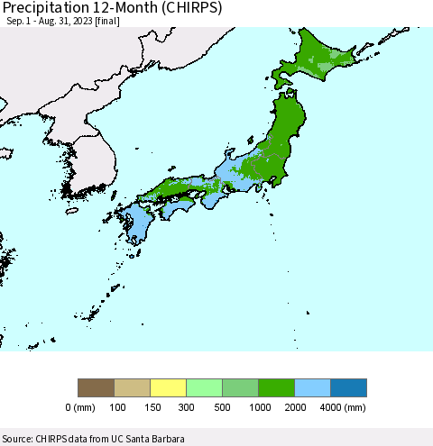 Japan Precipitation 12-Month (CHIRPS) Thematic Map For 9/1/2022 - 8/31/2023
