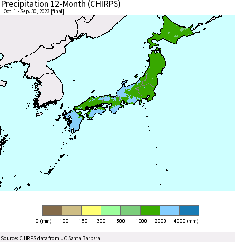 Japan Precipitation 12-Month (CHIRPS) Thematic Map For 10/1/2022 - 9/30/2023