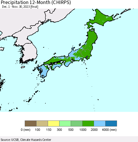 Japan Precipitation 12-Month (CHIRPS) Thematic Map For 12/1/2022 - 11/30/2023
