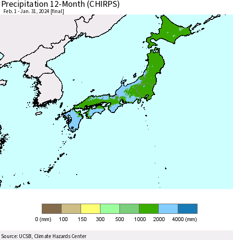 Japan Precipitation 12-Month (CHIRPS) Thematic Map For 2/1/2023 - 1/31/2024