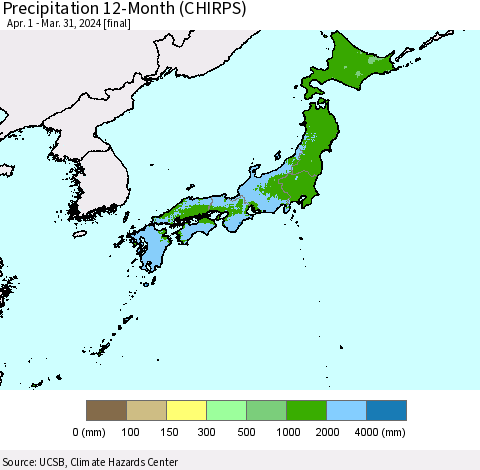 Japan Precipitation 12-Month (CHIRPS) Thematic Map For 4/1/2023 - 3/31/2024