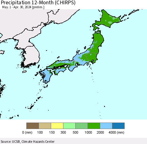 Japan Precipitation 12-Month (CHIRPS) Thematic Map For 5/1/2023 - 4/30/2024
