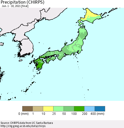 Japan Precipitation (CHIRPS) Thematic Map For 6/1/2021 - 6/10/2021