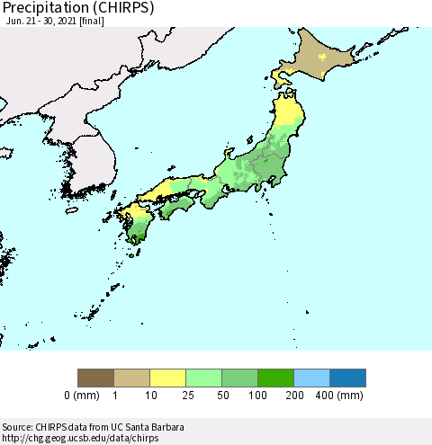 Japan Precipitation (CHIRPS) Thematic Map For 6/21/2021 - 6/30/2021