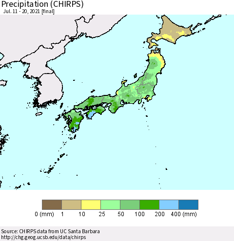 Japan Precipitation (CHIRPS) Thematic Map For 7/11/2021 - 7/20/2021