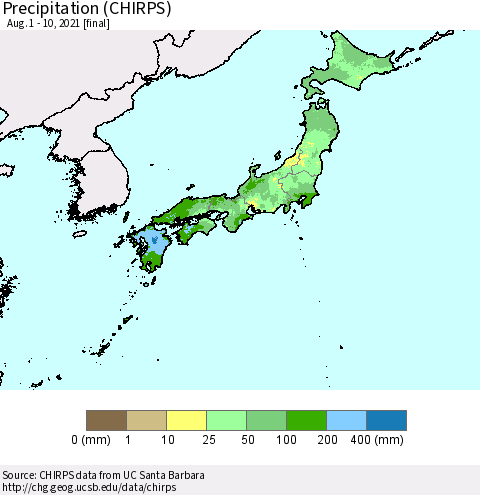 Japan Precipitation (CHIRPS) Thematic Map For 8/1/2021 - 8/10/2021