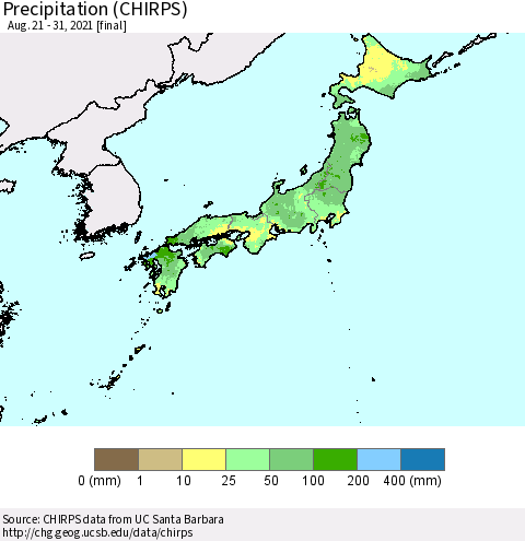 Japan Precipitation (CHIRPS) Thematic Map For 8/21/2021 - 8/31/2021