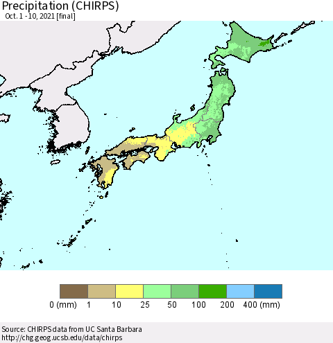 Japan Precipitation (CHIRPS) Thematic Map For 10/1/2021 - 10/10/2021