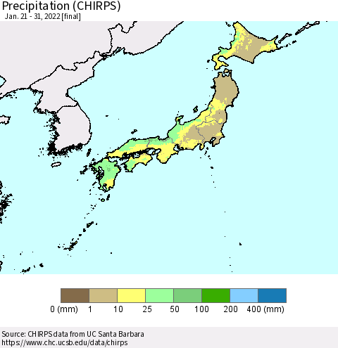 Japan Precipitation (CHIRPS) Thematic Map For 1/21/2022 - 1/31/2022