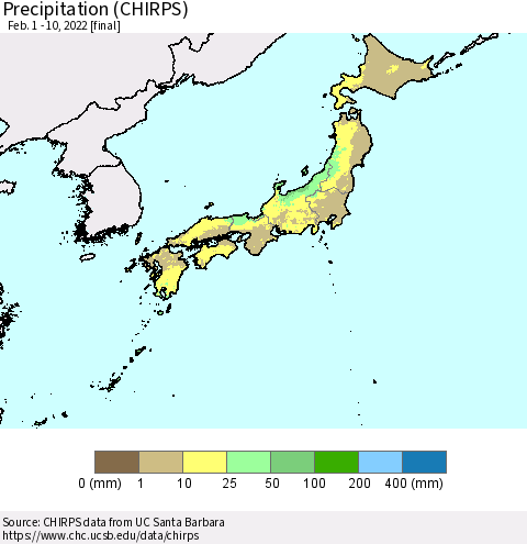 Japan Precipitation (CHIRPS) Thematic Map For 2/1/2022 - 2/10/2022
