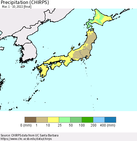 Japan Precipitation (CHIRPS) Thematic Map For 3/1/2022 - 3/10/2022