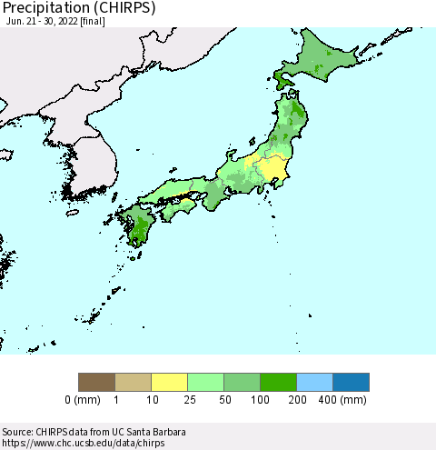 Japan Precipitation (CHIRPS) Thematic Map For 6/21/2022 - 6/30/2022