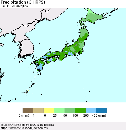 Japan Precipitation (CHIRPS) Thematic Map For 7/11/2022 - 7/20/2022