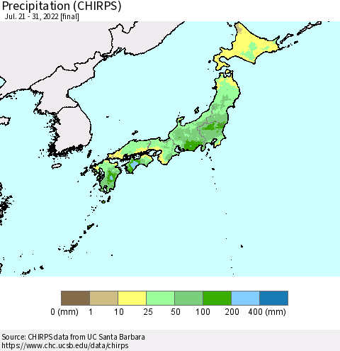 Japan Precipitation (CHIRPS) Thematic Map For 7/21/2022 - 7/31/2022