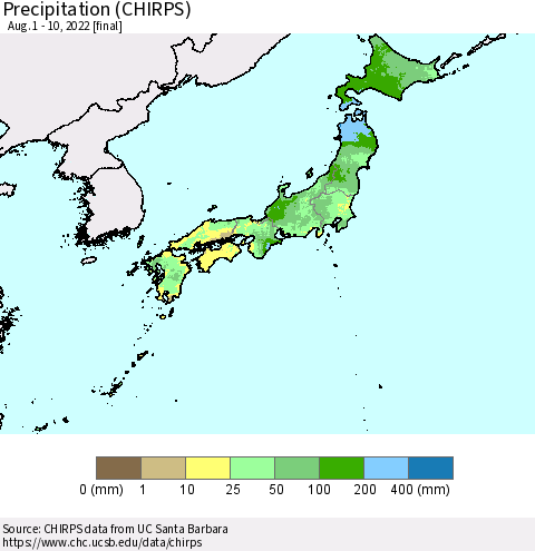 Japan Precipitation (CHIRPS) Thematic Map For 8/1/2022 - 8/10/2022