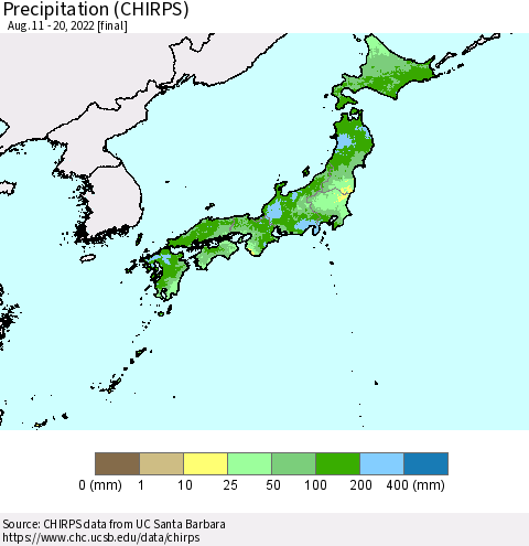 Japan Precipitation (CHIRPS) Thematic Map For 8/11/2022 - 8/20/2022
