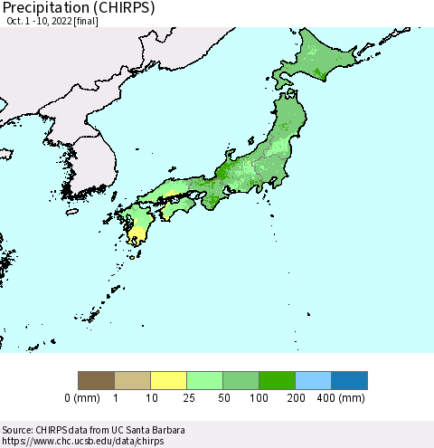 Japan Precipitation (CHIRPS) Thematic Map For 10/1/2022 - 10/10/2022