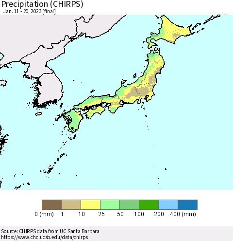 Japan Precipitation (CHIRPS) Thematic Map For 1/11/2023 - 1/20/2023