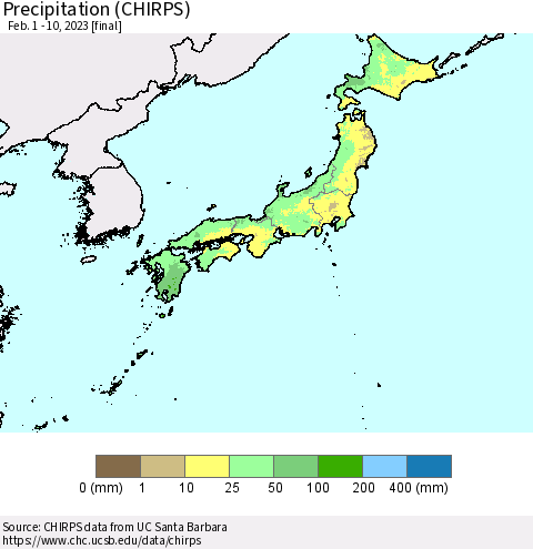 Japan Precipitation (CHIRPS) Thematic Map For 2/1/2023 - 2/10/2023