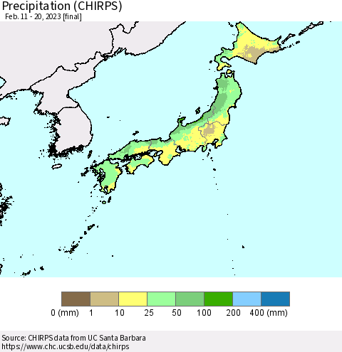 Japan Precipitation (CHIRPS) Thematic Map For 2/11/2023 - 2/20/2023