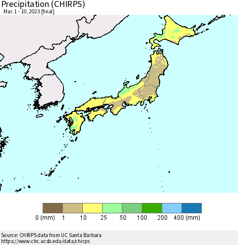 Japan Precipitation (CHIRPS) Thematic Map For 3/1/2023 - 3/10/2023