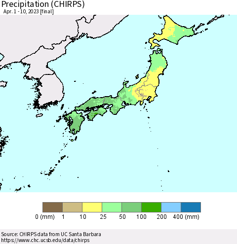 Japan Precipitation (CHIRPS) Thematic Map For 4/1/2023 - 4/10/2023