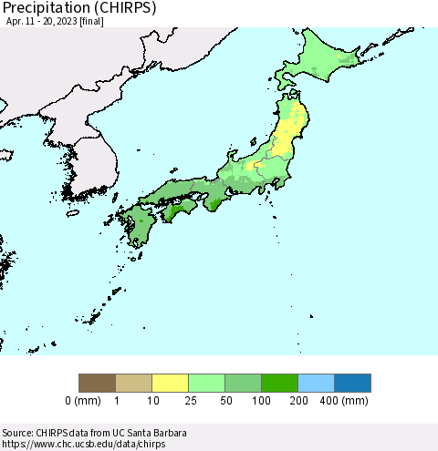 Japan Precipitation (CHIRPS) Thematic Map For 4/11/2023 - 4/20/2023