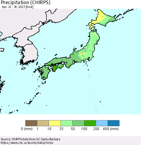 Japan Precipitation (CHIRPS) Thematic Map For 4/21/2023 - 4/30/2023
